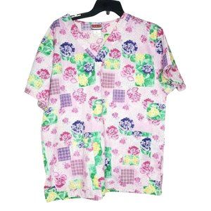 Scrubland Pink Floral Medium Cotton Polyester Blend 2 Pockets V-Neck Scrub Top